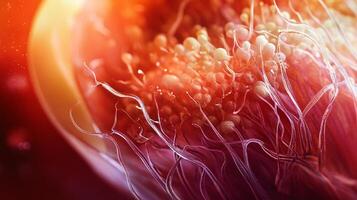 Microscopic view of cells with trailing structures in a red-toned background, highlighting scientific or medical visualization. photo