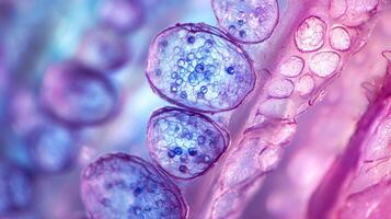 Microscopic view reveals cells in pink and blue, their intricate structures forming a captivating pattern. Biology magnified, science explored. photo