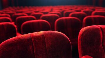 Rows of plush, velvety red seats stretch into the distance, inviting viewers to a cinematic experience in a darkened movie theater. photo