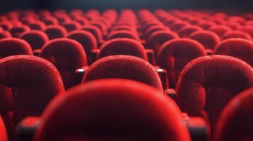 Rows of plush, red theater seats create a symmetrical pattern, suggesting a sense of anticipation and cinematic experience to audience. photo