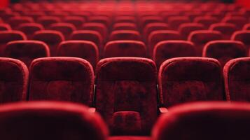 Rows of red plush seats in a theater suggest anticipation and comfort, promising an immersive experience in a classic entertainment venue. photo