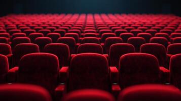 Rows of rich red velvet seats stretch into the distance in an auditorium, inviting viewers to be entertained and transported. photo