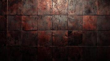 A grunge-style textured wall featuring square, worn, and aged tiles with a predominantly dark red and brown color scheme. photo