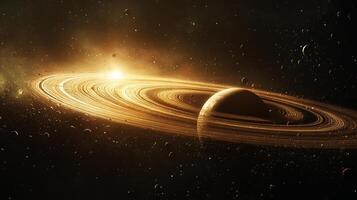 Gaseous planet with luminous rings made of ice and dust particles shining bright amidst the dark vastness of space. A distant star. photo