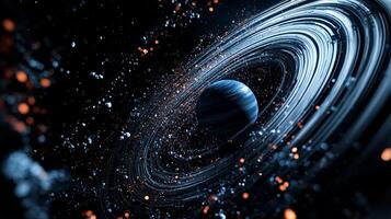 A vibrant planet with striking rings, set against a backdrop of sparkling cosmic dust creating a stunning celestial display. photo