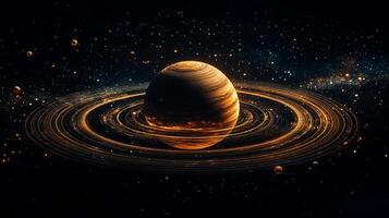 A distant world shrouded in rings of cosmic dust, glows brightly amidst a field of stars, a testament to the universe's vast wonders. photo