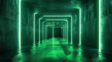 A luminous tunnel illuminated by glowing green lights, creating an ethereal and immersive experience with its captivating geometric design. photo