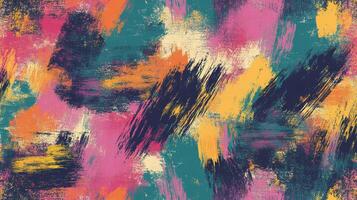 Expressive brushstrokes create a vibrant, textural abstract pattern. A playful mix of colors evokes energy and movement across the surface. photo