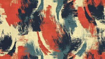 Dynamic brushstrokes of coral, navy, and teal on a textured beige background create a visually striking and abstract seamless pattern. photo