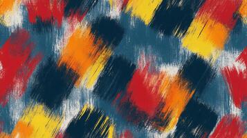 A vibrant and dynamic abstract pattern with bold brushstrokes in red, orange, yellow, blue, and navy, creating a textured and energetic visual. photo