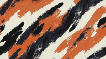 Abstract painting featuring bold strokes of orange, black, and white, creating a dynamic and textured visual rhythm across the canvas. photo