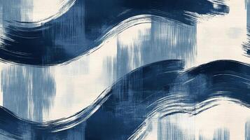 Abstract artwork with dynamic brushstrokes in shades of blue, creating a sense of movement and depth against a neutral background. photo