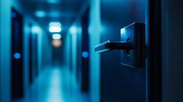 Door handle in a dimly lit hallway, hinting at mystery and privacy with its shadowed depth. The hallway recedes into a blurred background. photo