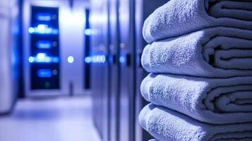 Neatly stacked towels sit beside server racks in a data center, their soft texture a stark contrast to the cold, technical environment. photo