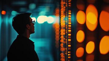 Man in glasses looks toward a wall with vertical lines of orange lights in a dark room, creating an atmosphere of mystery and intrigue. photo