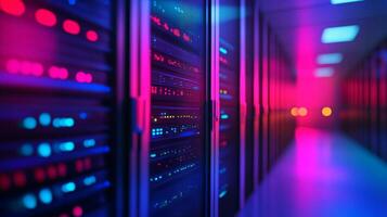 A server room with vibrant neon lighting illuminates rows of networked computer racks, a core of data processing and information technology. photo