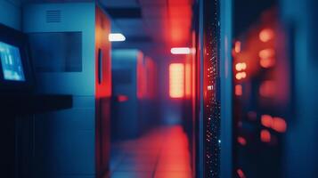 Server room interior with glowing lights. Dark hallway with a monitor in the foreground, and rows of servers in the background. photo