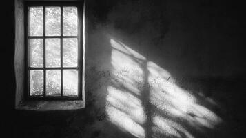 Sunlight streams through a frosty window, casting geometric shadows on the rough, textured wall of an old, dimly lit room in black and white. photo