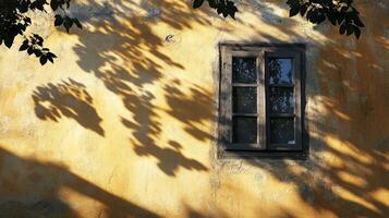 Sunlit wall with open window and leaf shadows. Evokes a sense of peace and tranquility in a rural, vintage setting. photo
