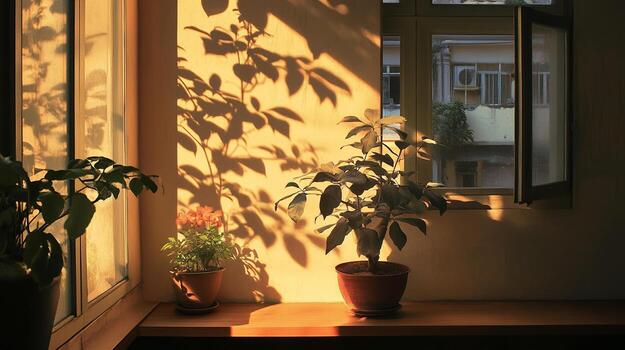 Sunlit indoor scene featuring plants, casting shadows on the wall, creating a warm and inviting ambiance with an open window. photo