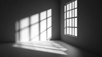 A stark, grayscale image captures sunlight streaming through a window, casting geometric shadows across a minimalist room. photo