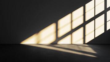 Sunlight streams through a window, casting geometric shapes on the wall and floor, creating a sense of calm and minimalist beauty. photo