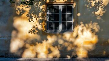 Sunlight filters through leaves, casting shadows on a textured wall and window in a charming outdoor scene, creating a play of light and dark. photo