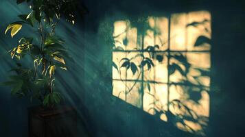 Sunlight streams through a window casting plant shadows, illuminating a room with a tranquil, natural aesthetic and a touch of mystery. photo