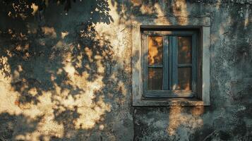 Rustic window on aged wall with dappled sunlight filtering through leaves, creating a nostalgic and serene atmosphere. photo