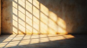 Light streaming through a window onto a textured wall and floor, creating shadows and illuminating the rustic space. photo