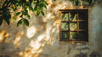Rustic window on an aged wall framed by green leaves and dappled sunlight creating a serene and vintage ambiance on a warm day. photo