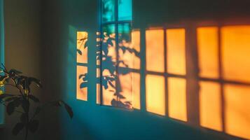 Warm sunlight casts shadows from a window and plant onto a wall, creating a peaceful, luminous indoor scene. Serene and calming. photo
