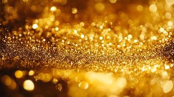 Golden glitter explosion with blurred lights creates a festive and luxurious atmosphere for celebrations and high-end product displays. photo