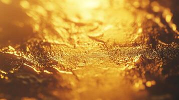 Golden textured surface. Abstract view of a glowing mineral with light reflections and rough surface. A captivating, warm, close-up. photo