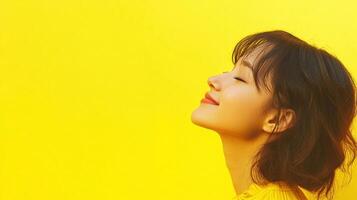 Portrait of a young woman with a bob hairstyle smiling, looking upward against a vibrant yellow backdrop bathed in soft, golden light. photo