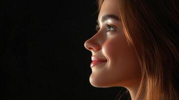 Profile view of a woman with fair skin, soft smile and freckles. The background is dark, drawing focus to her illuminated face. photo