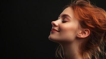 Serene redhead against a dark background, bathed in soft light, face tilted upward, eyes closed in peace and introspection. photo