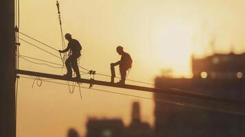 Silhouetted workers on power lines against a sunset, symbolizing labor, infrastructure, and the challenges of construction work. photo