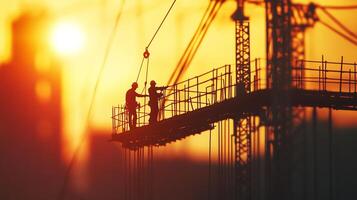 Construction workers silhouetted against a bright sunset sky while on a bridge work site. They are securing rigging to a crane. photo