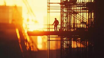 Silhouette of a construction worker standing on scaffolding, bathed in the warm glow of the sunset, symbolizing labor and urban growth. photo
