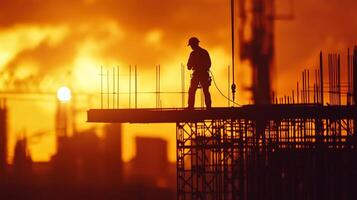 Construction worker silhouetted against a vibrant sunset, signifying progress and industry amidst urban development. photo