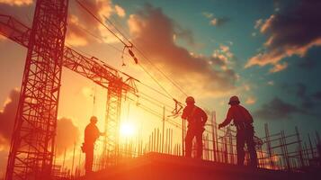Construction workers silhouetted against a sunset, building a structure with cranes and rebar. Dramatic, warm lighting, industrial scene. photo