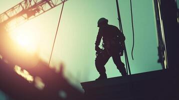 Silhouette of a construction worker on a high building with crane in the background, wearing a helmet and safety equipment. photo