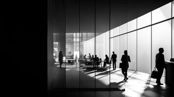 Silhouettes of people in a bright office space, suggesting meetings, work, and movement. The stark contrast enhances the visual drama. photo