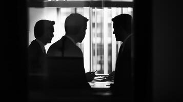 Silhouetted figures engage in discussion inside a high-rise office setting, conveying business, power, and strategy in a monochromatic ambiance. photo
