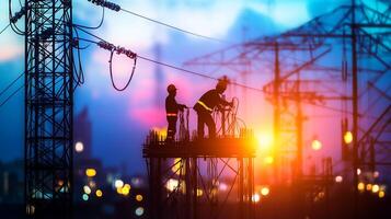Electricians work on high-voltage power lines atop a structure against a colorful dusk sky, ensuring electrical infrastructure upkeep. photo