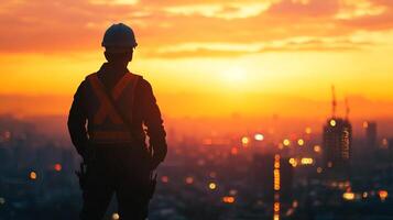Construction worker overseeing the city during a sunset, showcasing infrastructure development and urban planning. A silhouette of hard work photo