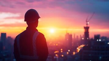 A construction worker silhouetted against a stunning sunset cityscape, overseeing progress and reflecting on a job well done. photo