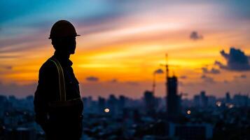 Silhouette of a construction worker against a vibrant sunset over a cityscape. A symbol of urban development and hard work. photo