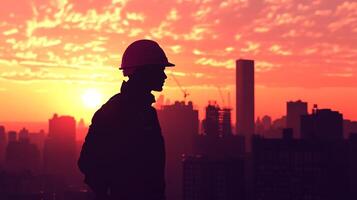 Silhouette of a construction worker with hardhat against a sunrise backdrop in a cityscape, evokes dedication and urban development. photo